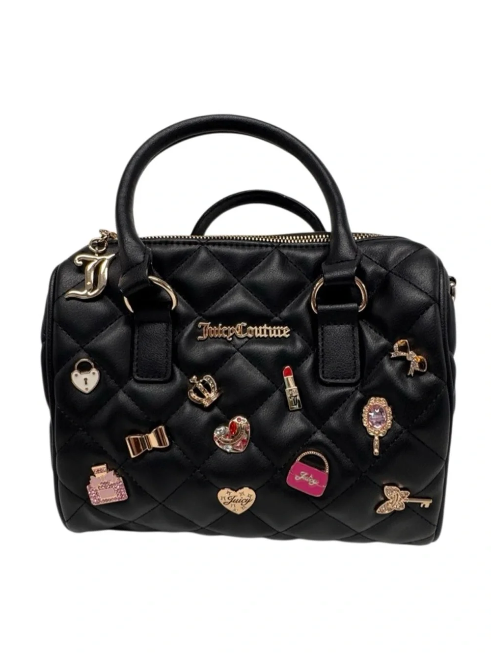 Juicy Couture Black Quilted Satchel Charms Gold Hardware Cute